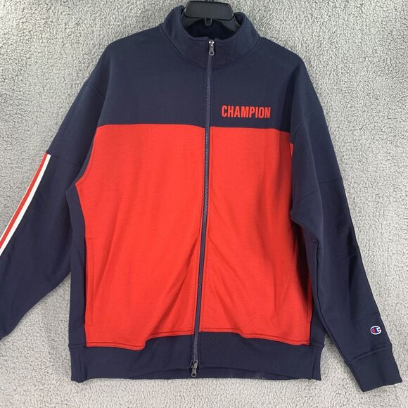 Champion Mens Sweater Jacket Full Zip Sz XL Cotton Blend Spellout Blue red - Picture 1 of 11